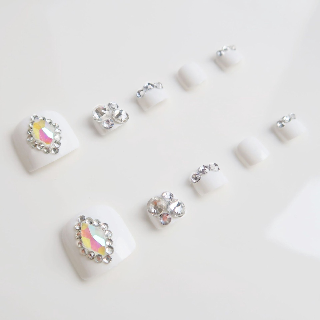 Set 24 móng chân giả màu trắng đínnh đá J54 Jojo móng giả móng úp đính đá trẻ sang chảnh tự làm tại nhà