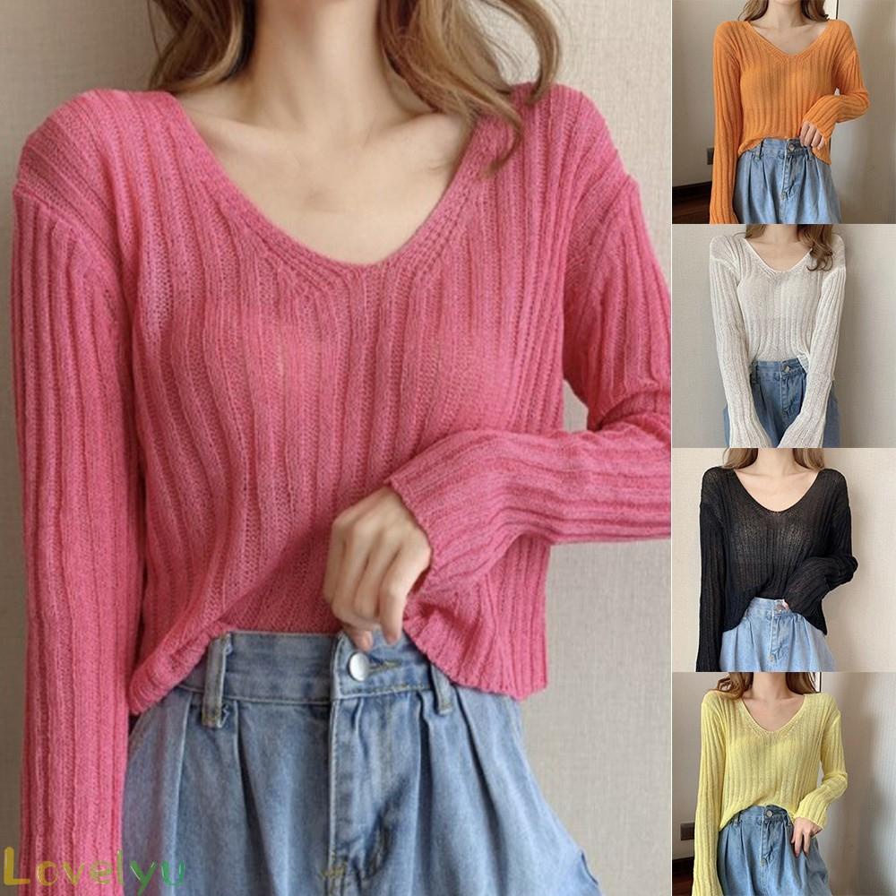 Áo dệt kim tay dài cổ chữ V trễ vai màu trơn 100% hàng mới chất lượng cao