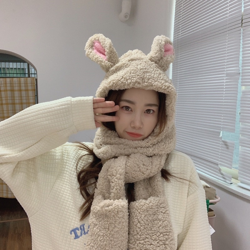 Bộ khăn kèm mũ, găng tay hình gấu thỏ cute nhiều màu/ sưt khăn mũ 3 in 1