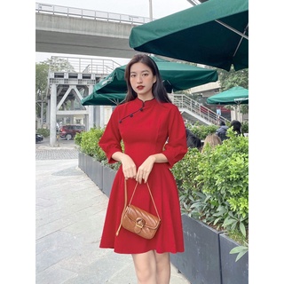 váy đỏ cổ viền khuy bọc (v4017)