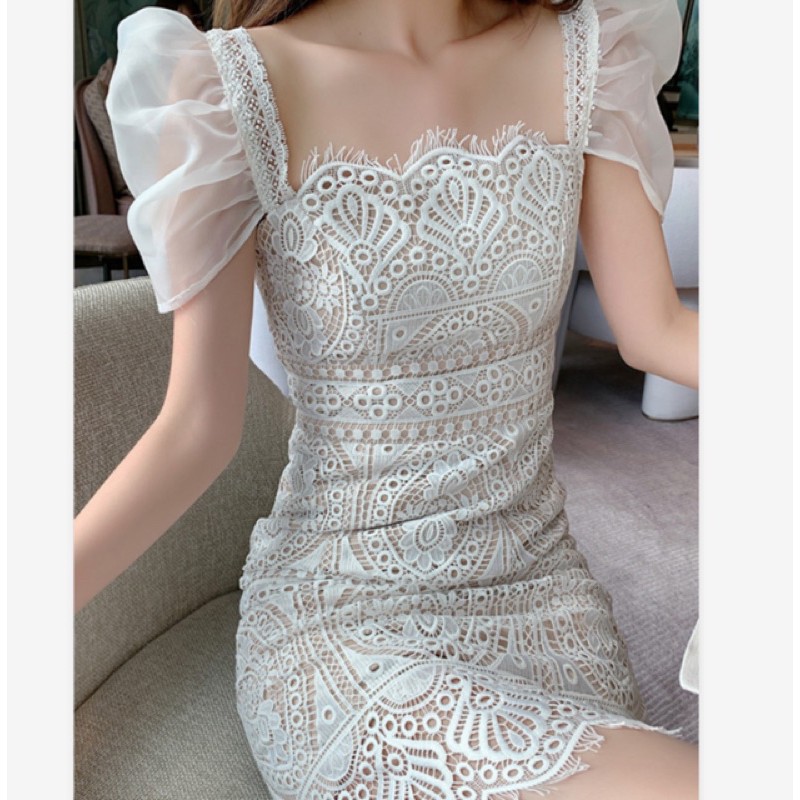 SẴN🍓Đầm dự tiệc thiết kế ren tay phồng cao cấp sang chảnh|Váy dạ hội đi cưới nyc, tiệc tùng hàng Quảng Châu