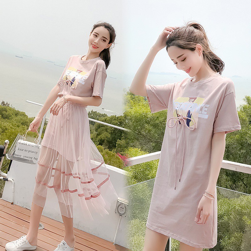 Set đầm thun suông tay ngắn in hình và chân váy lưới trẻ trung và duyên dáng cho nữ | BigBuy360 - bigbuy360.vn