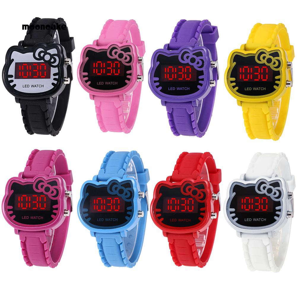 Đồng hồ điện tử dây silicon hình mèo Hello Kitty dành cho bé gái