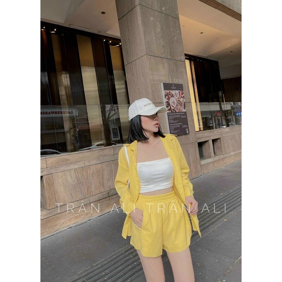 Sét bộ 3 món áo 2 dây bên trong và áo sơ mi phối hợp với quần cộc mặc dễ chịu thoáng mát 4màu đen trắng vàng và xanh màu