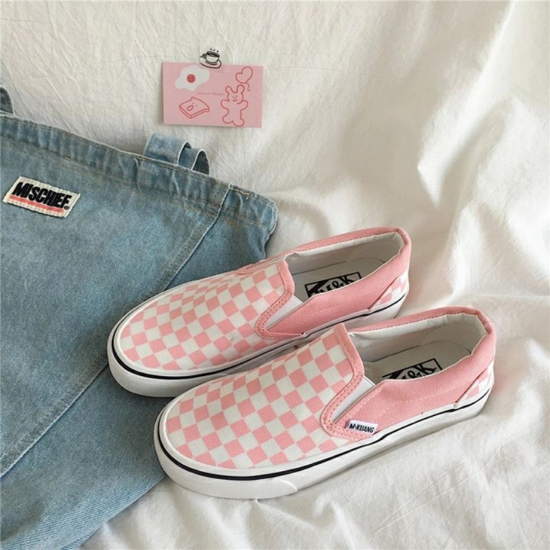 Sẵn Giày sneaker ulzzang dáng vans basic slip on checkerboard caro màu hồng pastel độc lạ