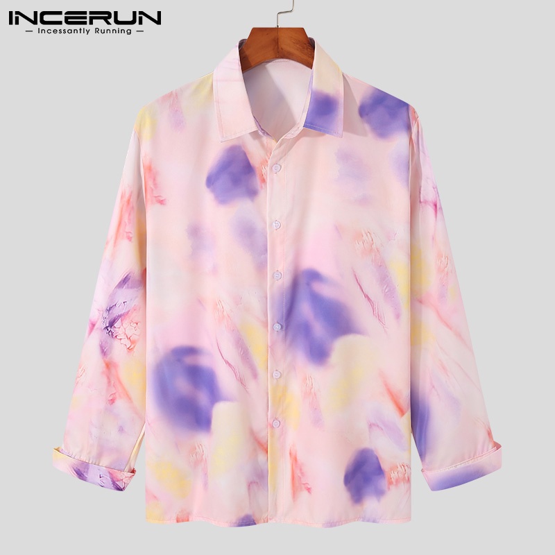 Áo sơ mi INCERUN tay dài cổ bẻ nhuộm màu loang thời trang dành cho bạn nam