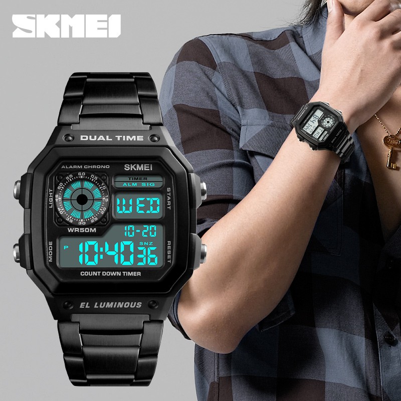 Đồng hồ nam SKMEI 1335 mặt chữ nhật dây thép đúc - đồng hồ điện tử