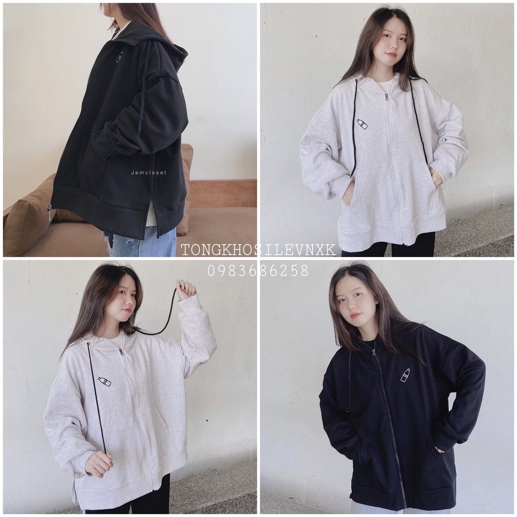 ÁO KHOÁC NỈ HÌNH CHAI NƯỚC XẺ TÀ BASIC - ÁO HOODIE MILK DÂY KÉO UNISEX THÊU BÌNH SỮA ĐEN TRẮNG XÁM