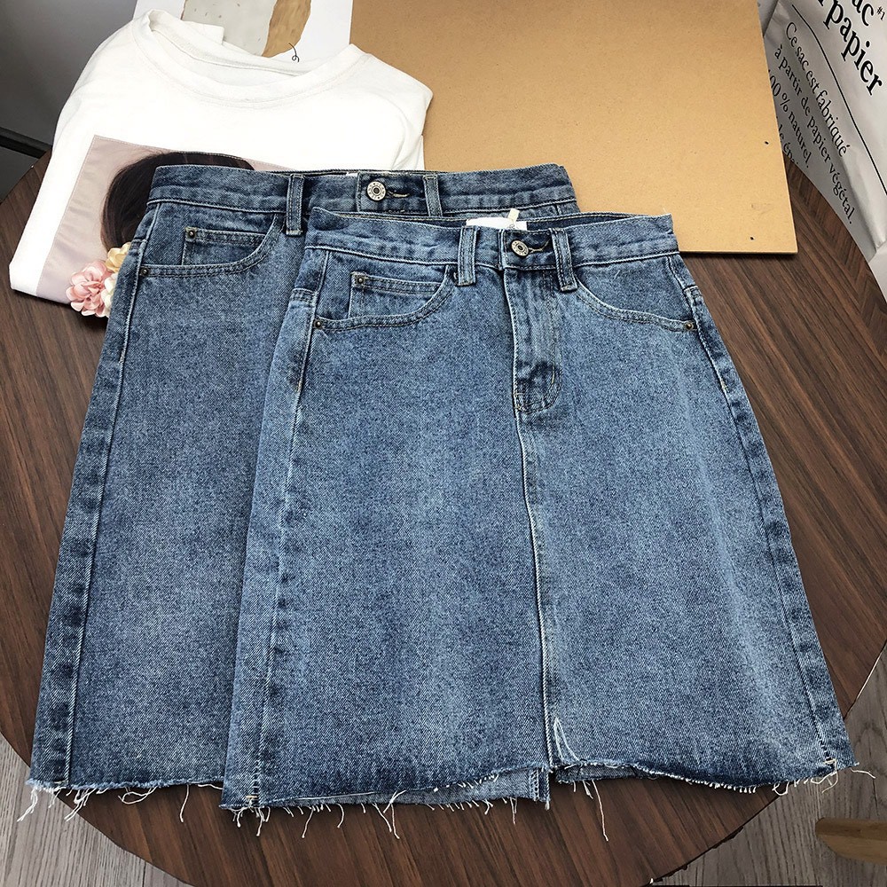 Chân váy jeans ngắn | Chân váy bò cạp cao xẻ sau màu xanh có túi sau kiểu dáng năng động phong cách Hàn Quốc