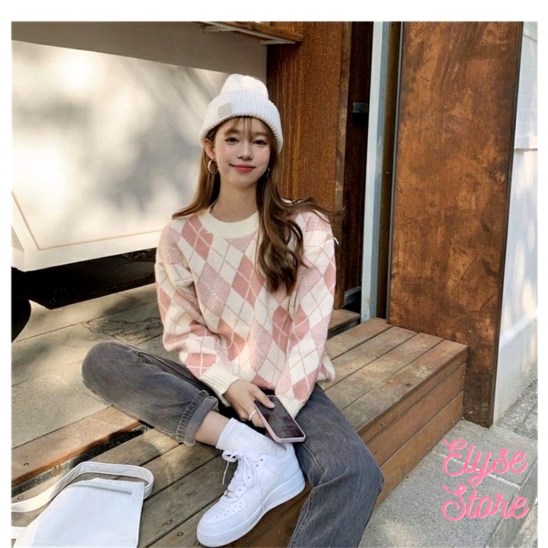 Áo len dài tay nữ cổ tròn hoạt tiết kẻ ô caro phong cách Hàn Quốc D-5