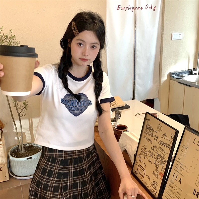 Áo thun ZHELIHANGFEI dệt kim tay ngắn thiết kế hở rốn màu sắc tương phản thời trang cho nữ