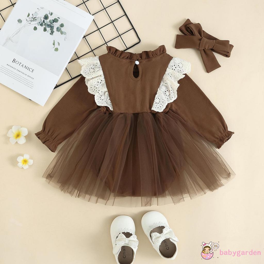 Bộ Áo Liền Quần Tay Dài Phối Lưới Kèm Băng Đô Dễ Thương Cho Bé Gái 0-24 Tháng Tuổi