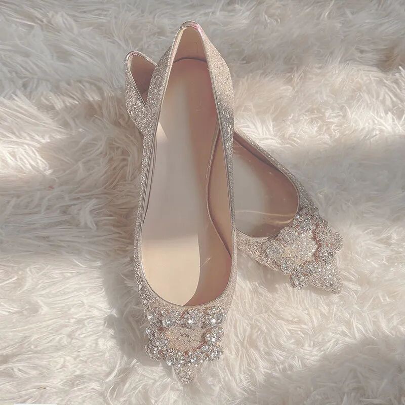 Rhinestone Flats Giày Búp Bê Mũi Nhọn Đính Đá Kim Sa Màu Trắng Miệng Nông Cho Nữ