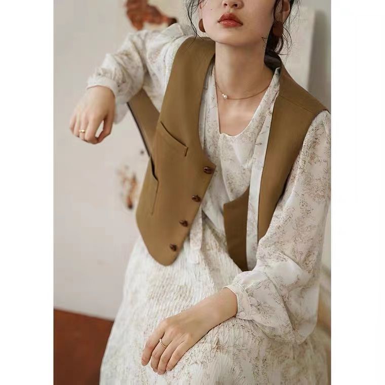 Áo Khoác vest Ngắn Cổ Chữ v Màu Trơn Phong Cách retro Hàn Quốc Thời Trang Cho Nữ