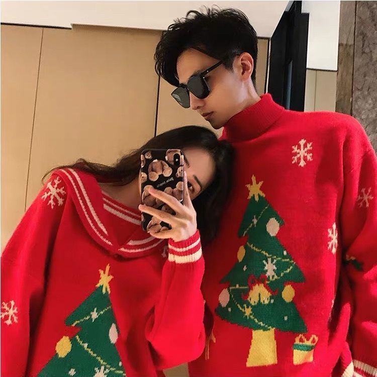 Áo Sweater Dệt Kim In Họa Tiết Hoạt Hình Thời Trang Giáng Sinh Cho Cặp Đô