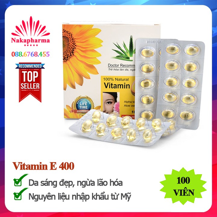 ✅ Viên uống Vitamin E 400 - Giúp đẹp da, tóc, móng, da săn chắc, mịn màng, ngăn ngừa lão hóa | 100 viên