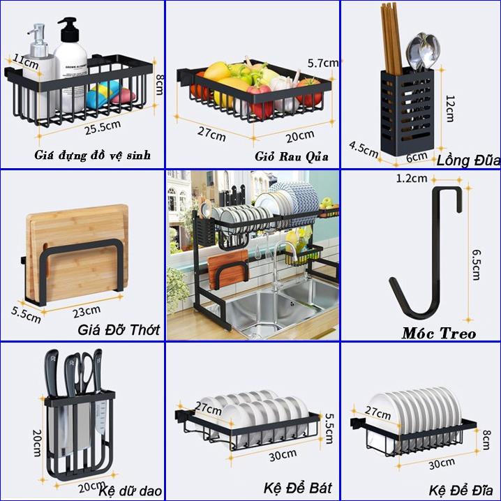 Kệ Để Bát Đĩa Đa Năng Thông Minh - Giá Để Đồ Chén Đĩa Dài 65cm Trên Bồn Rửa Bát Thép Carbon Sơn Đen Cao Cấp