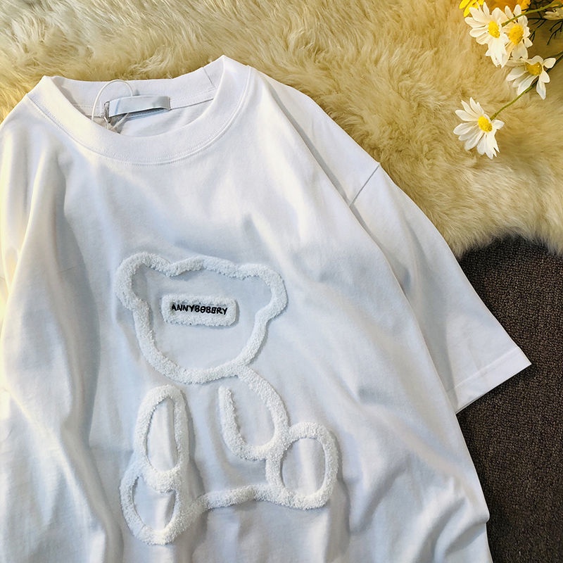 Áo Thun Nữ Tay Ngắn Thêu Hình Gấu Dễ Thương