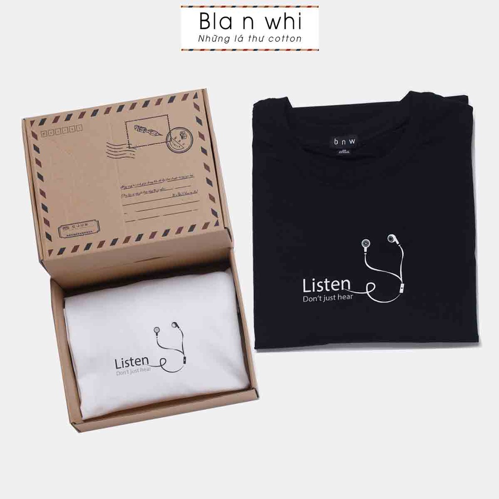 Áo thun cotton BNW in hình LISTEN dáng Unisex form rộng basic 2 màu đen trắng
