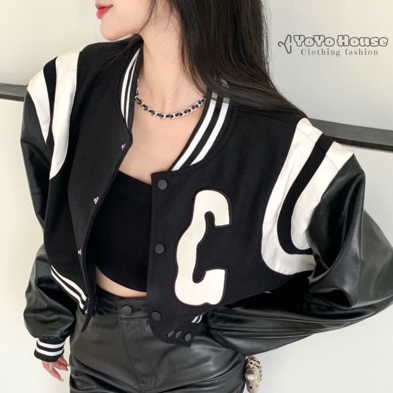 Áo khoác bóng chày bomber croptop da nữ phong cách Mỹ