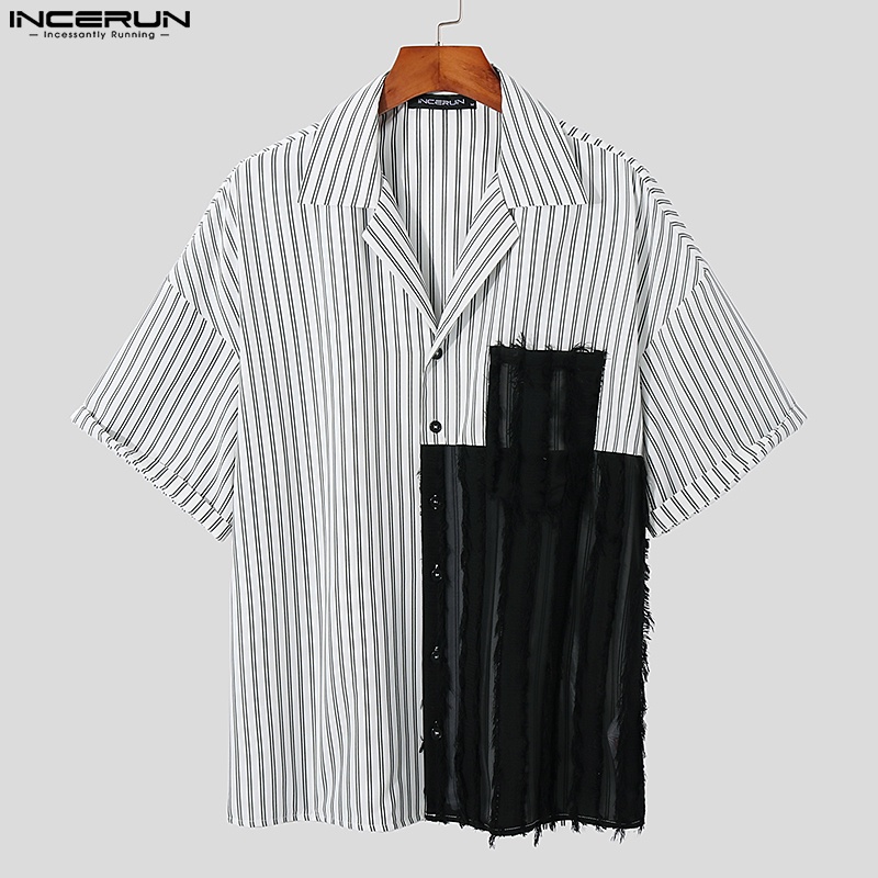 Áo sơ mi INCERUN ngắn tay dáng rộng gài nút kẻ sọc thời trang cho nam