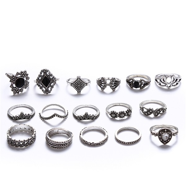 Set 15 nhẫn mini màu bạc đính đá phong cách Bohemia thời trang