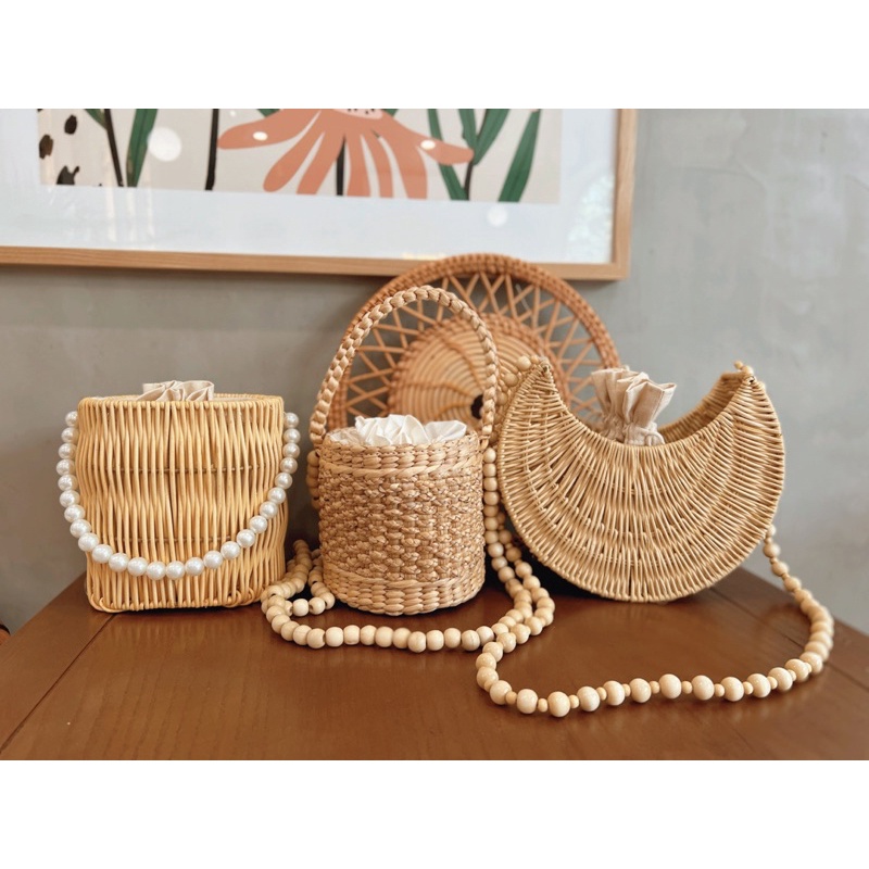 Kho sản xuất bán sỉ túi mây hình mặt trăng dây đeo chéo hạt gỗ siêu độc lạ Vintage