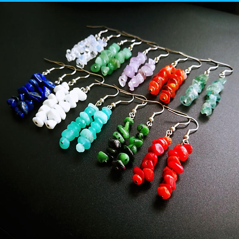 Khuyên Tai Dạng Móc Tua Rua Hạt Đá Thạch Anh Tím amazonite Thô handmade Laps lazuli Tự Nhiên