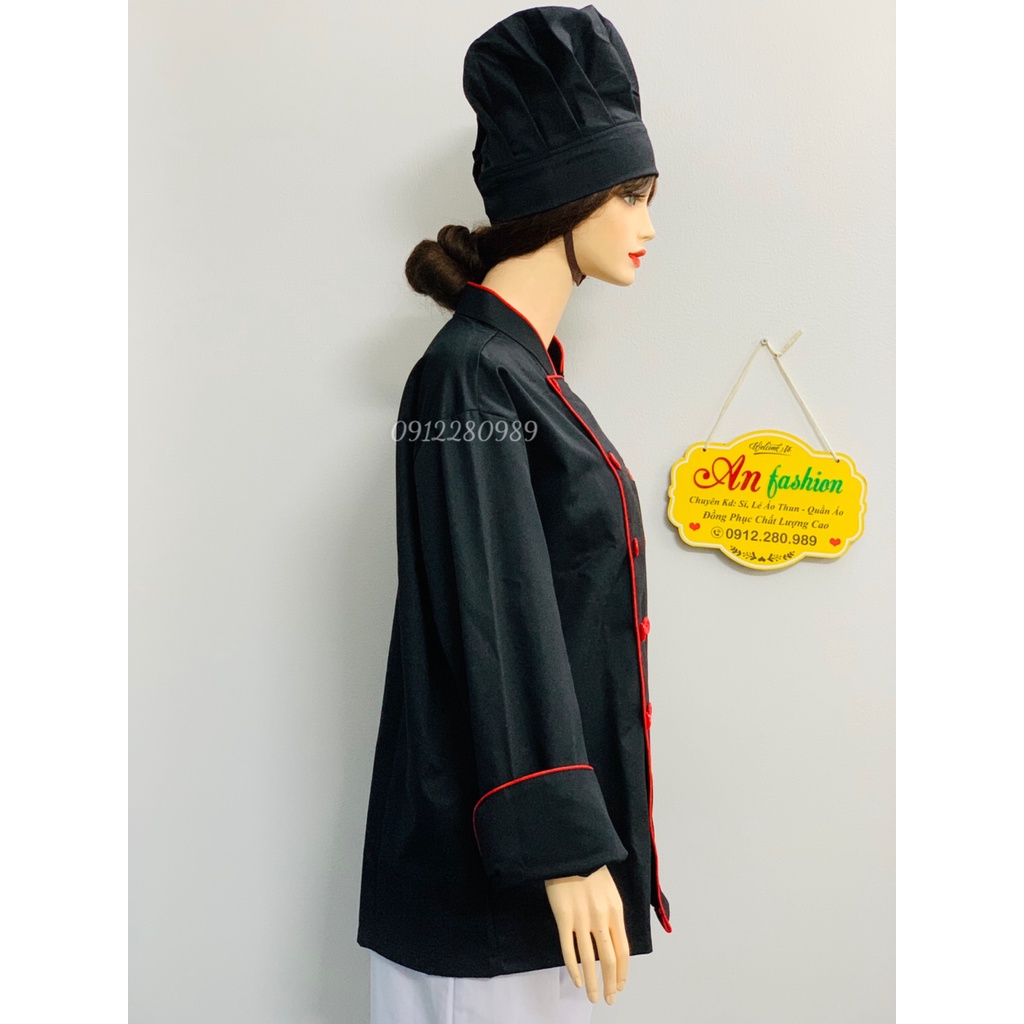 Áo đầu bếp nam nữ cao cấp dày dặn màu đen tay dài _ Hình chụp thật