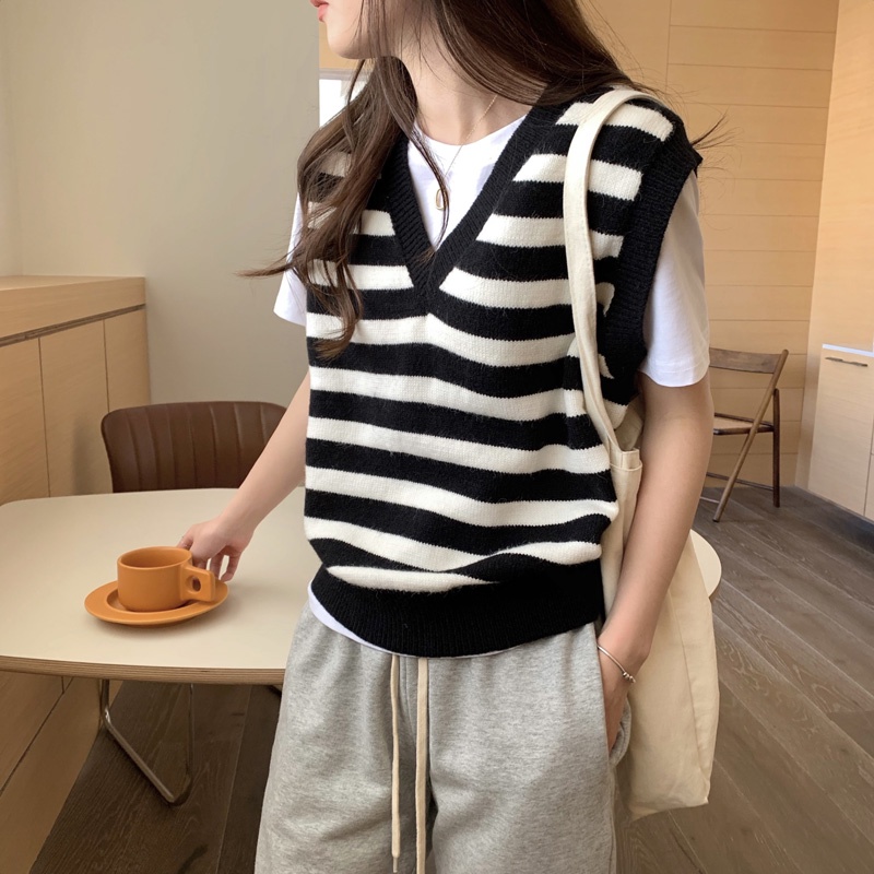 [Hàng Quảng Châu]SP451 Áo gile len nữ cổ tim mic cộc tay siêu năng động