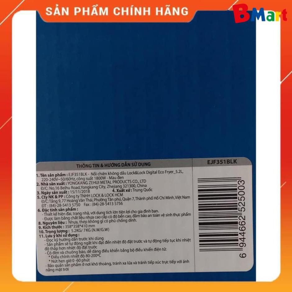 NỒI CHIÊN KHÔNG DẦU ĐIỆN TỬ LOCK&LOCK EJF351BLK (5.2L) (Màu đen) - Hàng chính hãng - Bảo hành 12 tháng  - BM