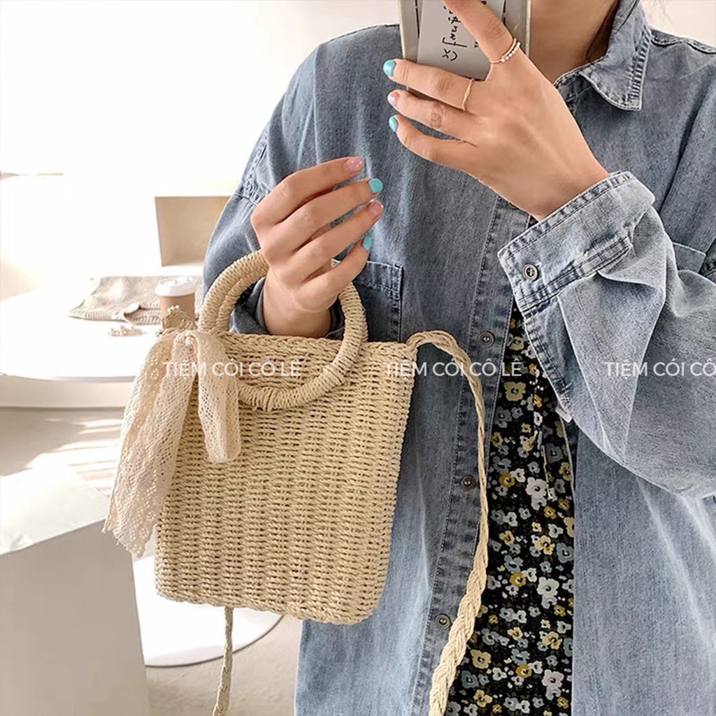 Túi cói đi biển dáng hộp đính nơ ren phong cách retro - Tiệm Cói Cô Lê