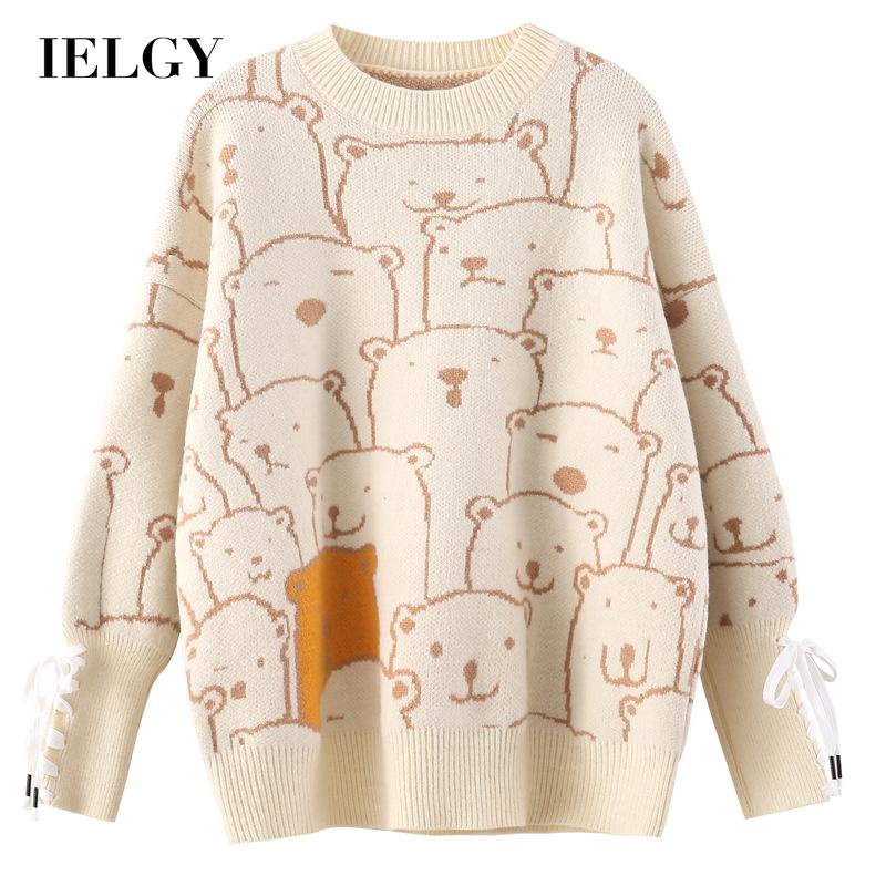 Áo sweater IELGY tay dài dáng rộng in hình gấu thời trang