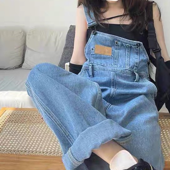 Quần yếm jeans nữ KABICO ống rộng, quần yếm xanh jean dài dáng rộng phong cách Hàn Quốc Y3