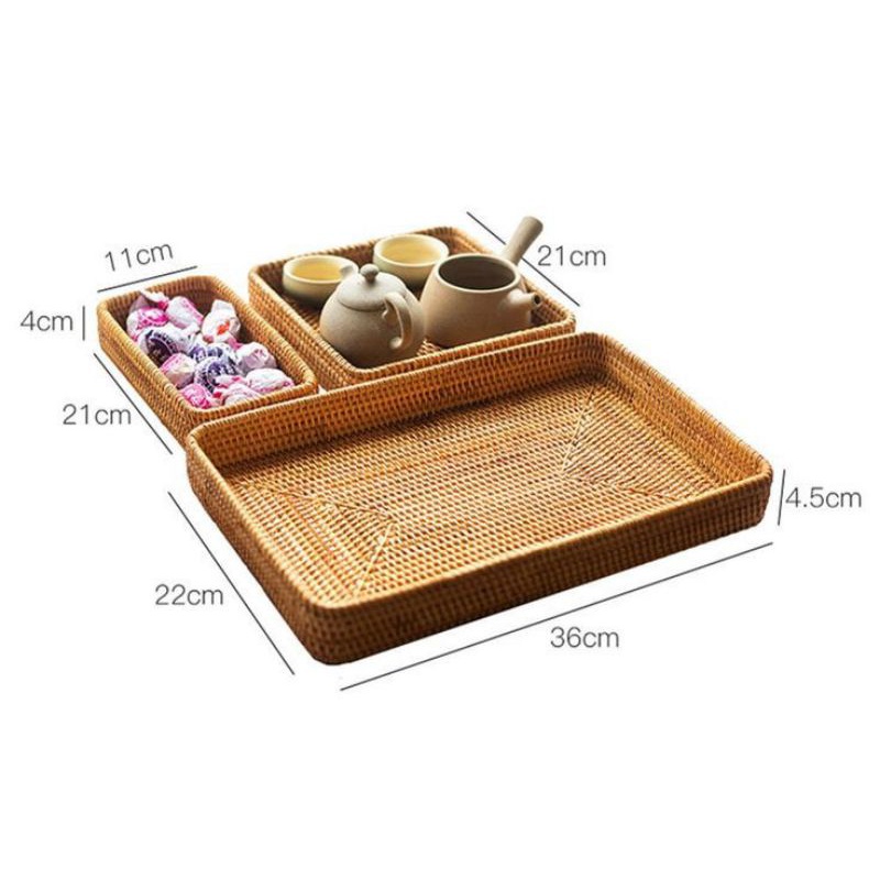 Bộ 3 khay mây TIỆM MAY TH chữ nhật đựng đồ, decor trang trí