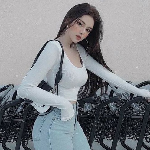 Áo Croptop Tay Dài Cổ Vuông Màu Trơn Co Giãn Phong Cách Hàn Quốc