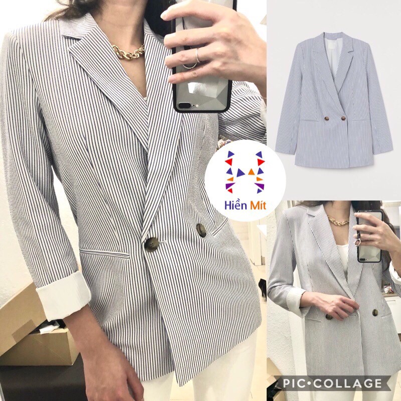 H&M Đức - Áo khoác blazer kẻ sọc auth new tag chính hãng cao cấp 2 hai lớp có độn vai nút túi thật