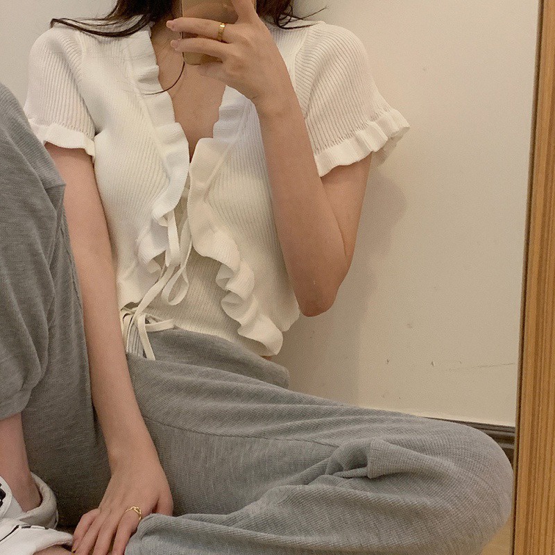 Áo Khoác Cardigan Dệt Kim Dún Bèo Xinh Xắn Cho Nữ