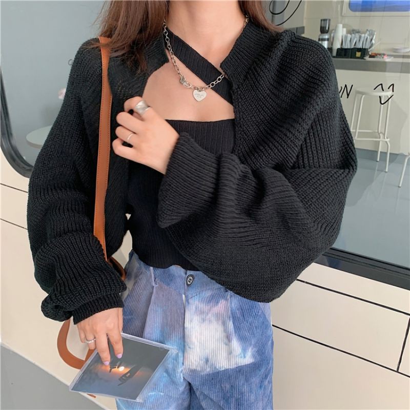 Order - Áo cardigan dáng ngắn dệt kim tay bồng không kèm croptop