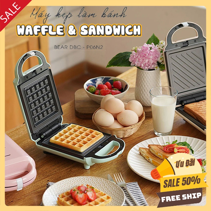 Máy kẹp nướng bánh waffle, sandwich đa năng Bear