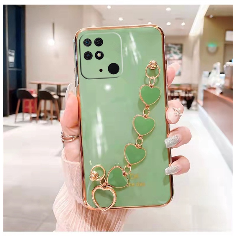 Ốp Điện Thoại Dẻo Mạ 6D Kèm Dây Đeo Tay Hình Trái Tim Cho Xiaomi Redmi 10C Note 11 11S 11T Pro POCO X4 M4 Pro 4G 5G