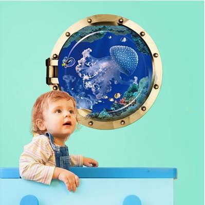 Decan dán tường 3D, tranh dán tường ô cửa sổ tàu ngầm siêu đẹp