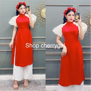 Sét áo dài tãyếp ly phồng kèm mấn đính hạt và trân châu!! Có hình thật hàng có sẵn.