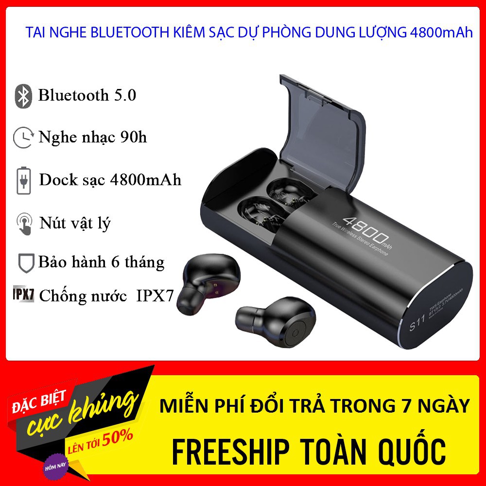 Tai nghe Bluetooth Đen 5.0 S11 TWS Kiêm Sạc Dự Phòng 4800mAh - Chống nước IPX7 - Nghe nhạc lên đến 90h