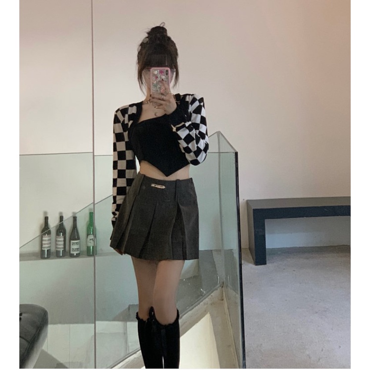 Áo Hai Dây Thể Thao Họa Tiết Sọc Caro Phong Cách Retro Thời Trang Hàn Quốc Cho Nữ