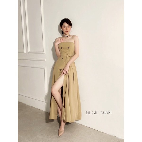 Váy H.I.U ROOM cup ngực thiết kế dáng dài midi, beige dress khaki H.I.U design 2022. | BigBuy360 - bigbuy360.vn
