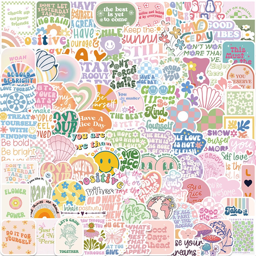 Bộ 100 Cái ❉ Màu Pastel. Nhãn Dán Dòng Slang Tích Cực ❉ Sticker Dán Tường Chống Thấm Nước Họa Tiết Doodle Hợp Thời Trang
