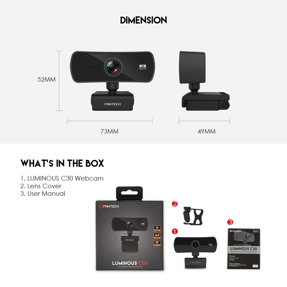 Webcam Livestream Chuyên Nghiệp FANTECH C30 LUMINOUS 4MP Hỗ Trợ Quay Chất Lượng 2K - Hãng Phân Phối Chính Thức