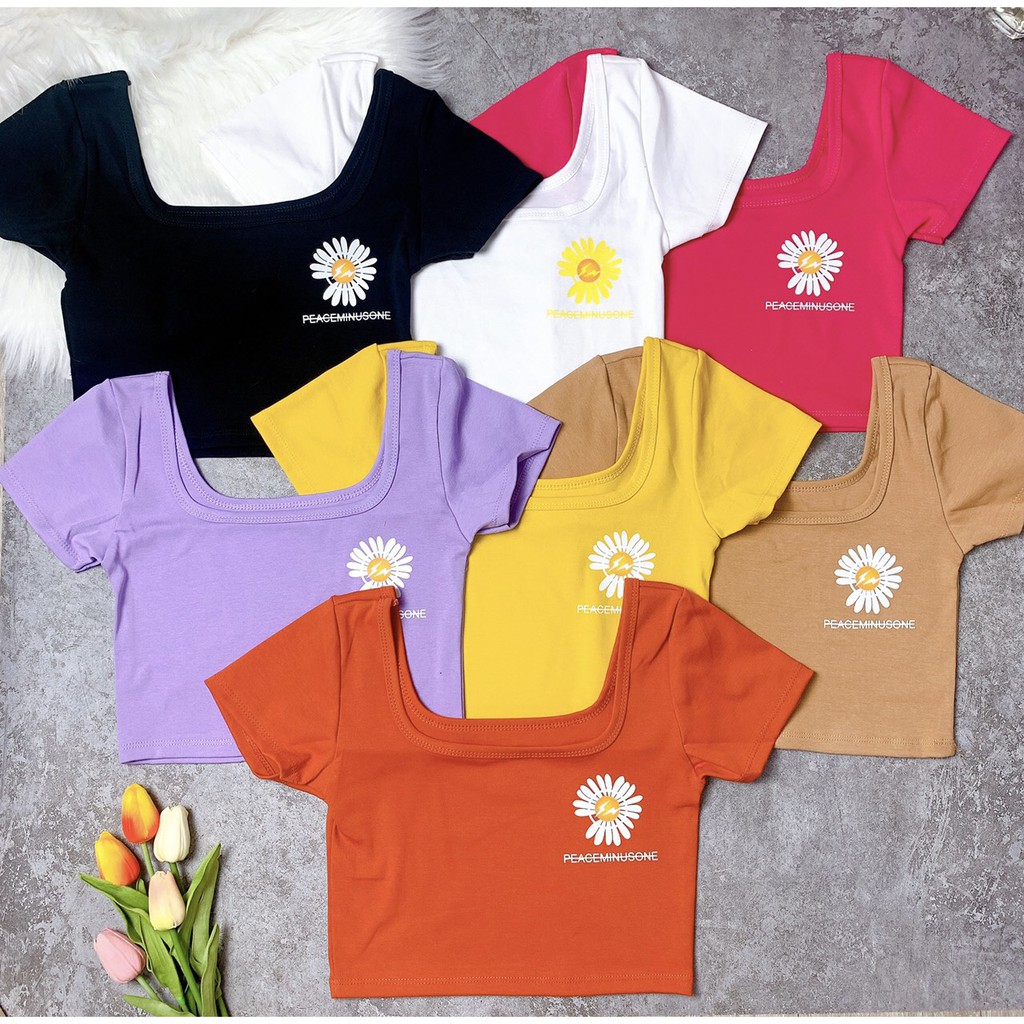 ÁO CROPTOP THUN NGẮN - ÁO KIỂU CRT ULZANG NGẮN TAY HOA CÚC BASIC CỔ RỘNG 124