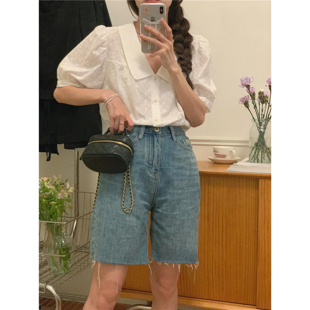 Áo Sơ Mi Trắng Tay Ngắn Cổ Peter Pan Thêu Họa Tiết Phong Cách Hàn Quốc 52112